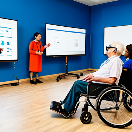 Home 6 Accessible Tech Education**
"A diverse group of people, including individuals using wheelchairs and elderly participants, are attending a technology workshop. They are interacting with VR headsets and large-screen displays, guided by instructors. The setting is a bright, modern community center. Focus on inclusivity and accessibility. safe for work, appropriate content, fully clothed, professional setting, perfect anatomy, correct proportions, natural pose, well-formed hands, proper finger count, natural body proportions, family-friendly."
**